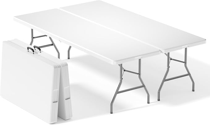 Sweetcrispy 8 FT Folding Picnic Table 2 Pack, Easy to Fold and Store, Foldable Table for Camping Picnic Dining Party Kitchen Outdoor Indoor with Carrying Handle