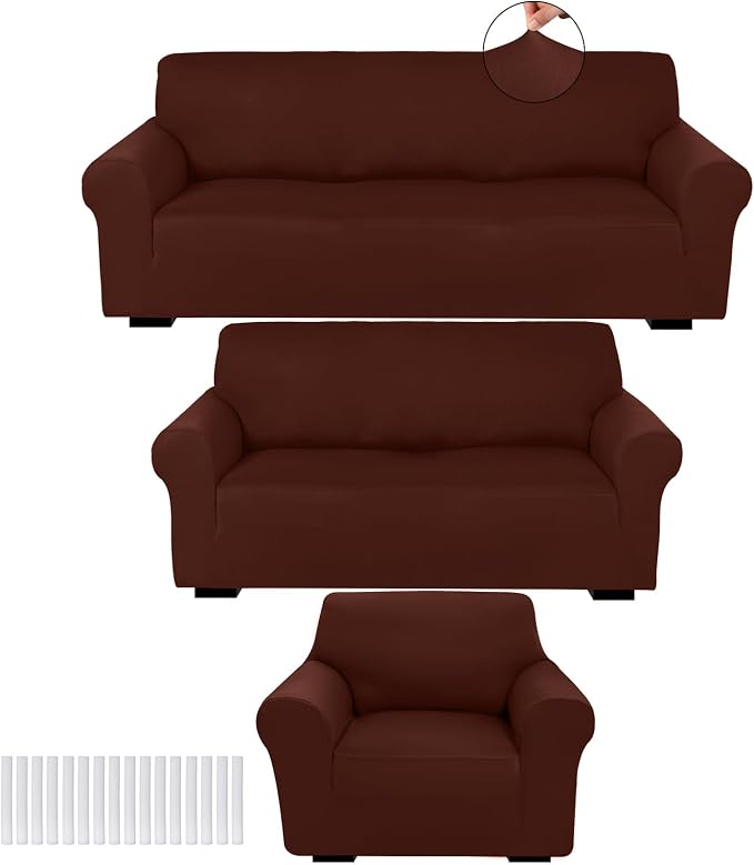 Peryiter 3 Pcs Couch and Loveseat Sofa Covers,Coffee Brown,Milk Silk | Armchair Covers for Living Room, Sofa Cushion Slipcover, Furniture Protector, Polyester and Spandex, Washable