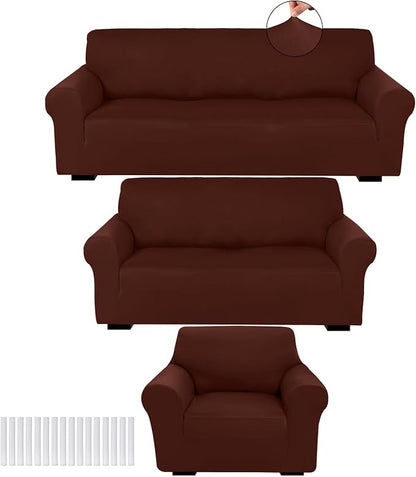 Peryiter 3 Pcs Couch and Loveseat Sofa Covers,Coffee Brown,Milk Silk | Armchair Covers for Living Room, Sofa Cushion Slipcover, Furniture Protector, Polyester and Spandex, Washable