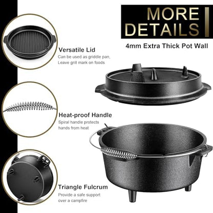 Joyfair Portable Charcoal Grill with Thermometer & Pre-seasoned Cast Iron Dutch Oven Set, Small Tabletop Barbecue Grill for Outdoor Camping, Camp Dutch Pot & Griddle Skillet, 5QT Pot & 2QT Lid