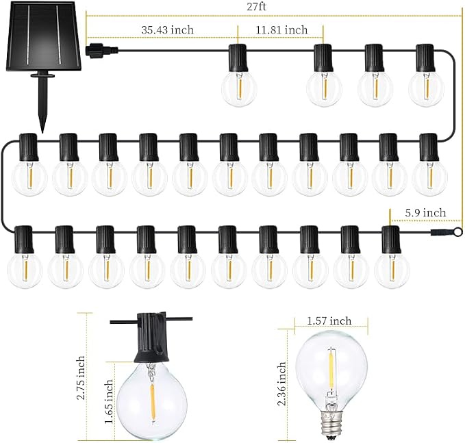 Sunlitec Solar String Lights Waterproof LED Indoor/Outdoor Hanging Umbrella Lights with 30 Bulbs - 50 Ft Patio Light for Deckyard Tents Market Cafe Gazebo Porch Party Decor