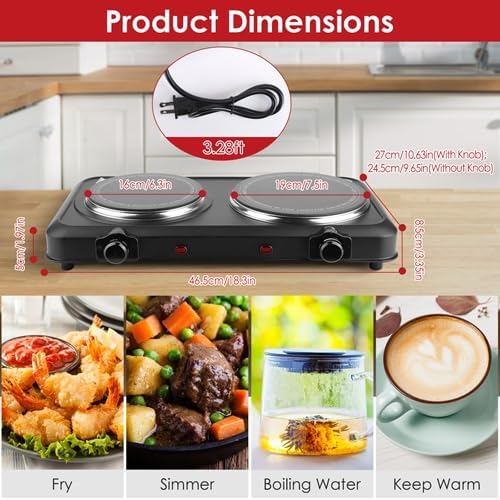 1800W Portable Dual Burner Heating Stove, Countertop RV Stove with 7.5" & 6.3" Glass Cooktop, Stepless Temperature Adjustment