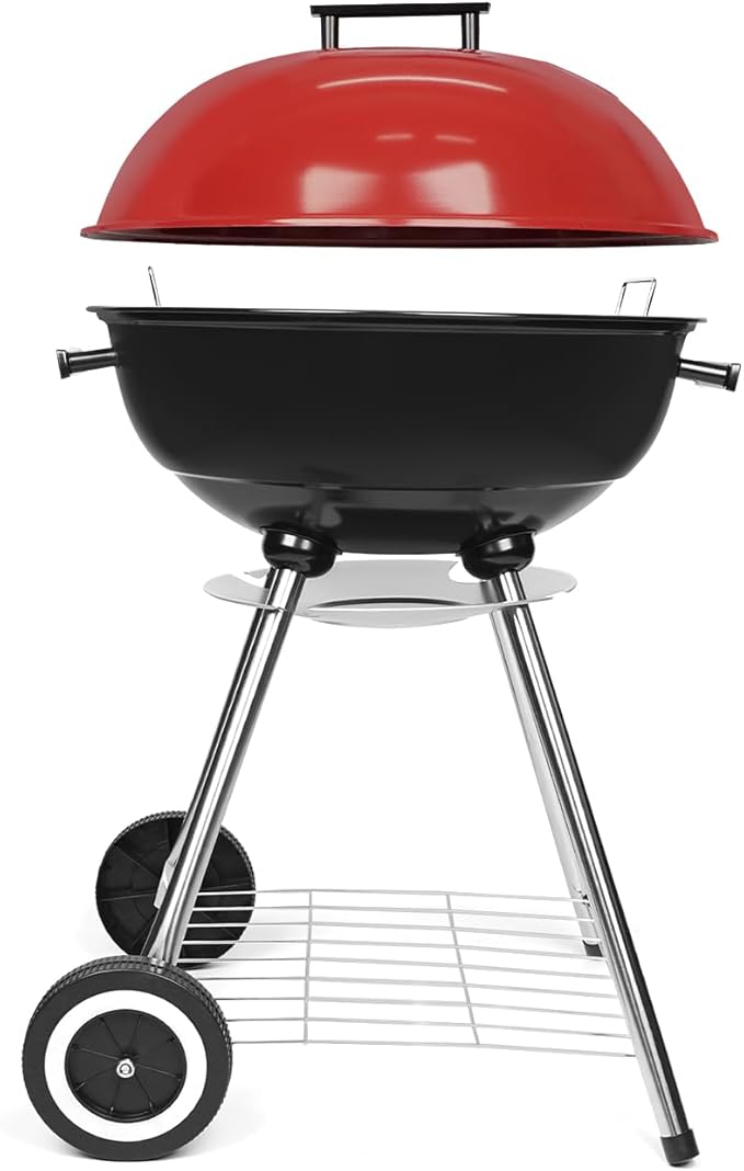 Charcoal Grills, Outdoor BBQ Grill with Side Table, Charcoal Grill with Wheels for Outdoor Grilling/Tabletop Cooking-Red