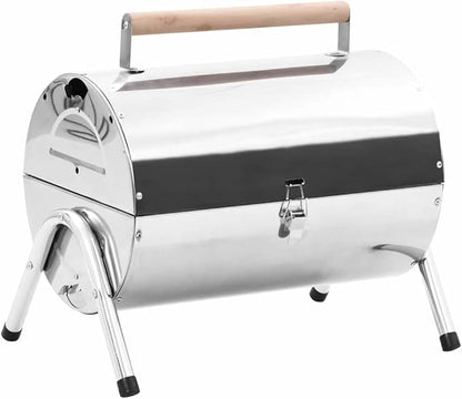 Portable Tabletop Charcoal BBQ Grill, Stainless Steel Barrel Grill with Double Cooking Grids, Compact Folding Smoker for Camping, Picnic, Tailgating, Silver