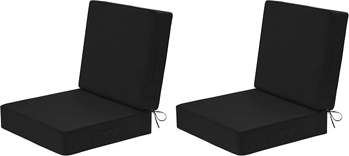 Wellsin Outdoor Deep Seat Patio Cushions, 24 x 24 Waterproof & 3-Year Fade Resistant Outdoor Cushions with Removable Covers,Ties and Handle for Chair, Sofa, Couch, Black (Pack of 2)
