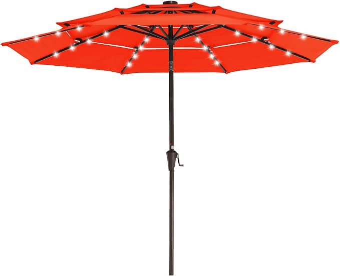 JEAREY 3 Tiers Patio Umbrella with Solar Lights 9ft Outdoor Market Table Umbrellas with Push Button Tilt for Outside Pool Garden, Orange | Solar Market Table Umbrella with 8 Sturdy Ribs, UV Protection Waterproof Sunproof for Garden, Deck and Backyard