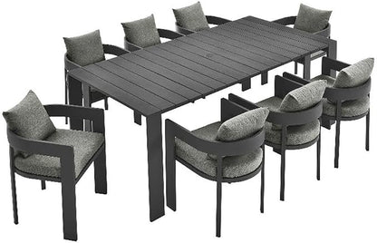 Modway Tahoe Outdoor Patio Powder-Coated Aluminum 9-Piece Dining Set in Gray Gray - Rectangular Patio Furniture Set for 8 - Outside Table with Umbrella Hole and Cushioned Chairs - Modern Patio Set