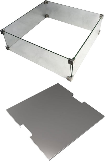 Elementi Manhattan 36" Concrete Outdoor Propane Firepit Table, 22" Square Tempered Glass Firepit Windscreen, & Stainless Steel 21" Square Table Cover