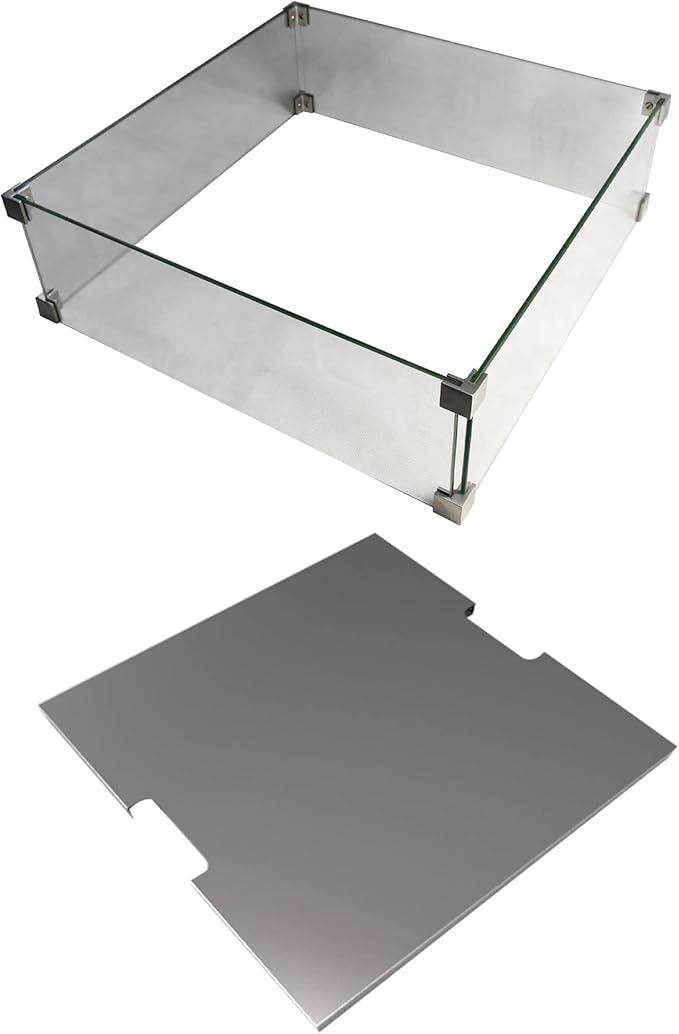 Elementi Manhattan 36' Concrete Natural Gas Outdoor Firepit Table, 22' Square Tempered Glass Wind Screen, and Stainless Steel 21' Firepit Table Cover, Natural Gas - Fire Pit/Table Cover/Wind Screen