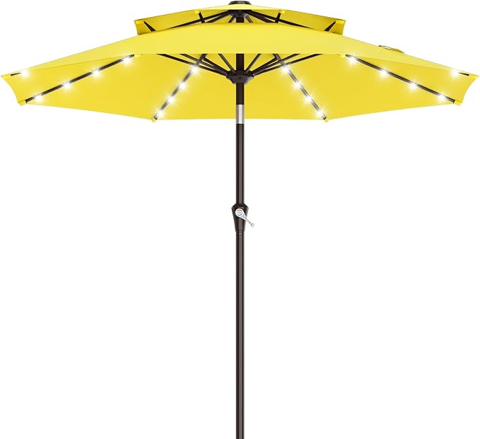 AreShark 9ft 2 Tiers Patio Umbrella with Solar Lights, Outdoor Umbrella w/ 32 LED Lights&8 Sturdy Ribs, Table Umbrella for Deck, Backyard, Pool(Yellow)