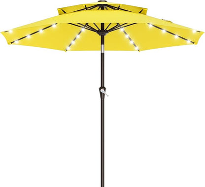 AreShark 9ft 2 Tiers Patio Umbrella with Solar Lights, Outdoor Umbrella w/ 32 LED Lights&8 Sturdy Ribs, Table Umbrella for Deck, Backyard, Pool(Yellow)