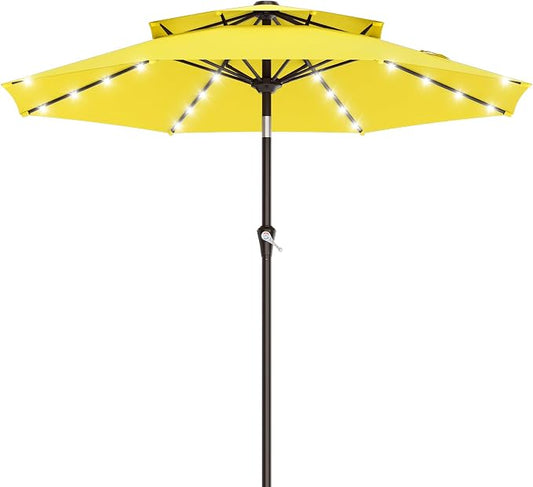 AreShark 9ft 2 Tiers Patio Umbrella with Solar Lights, Outdoor Umbrella w/ 32 LED Lights&8 Sturdy Ribs, Table Umbrella for Deck, Backyard, Pool(Yellow)