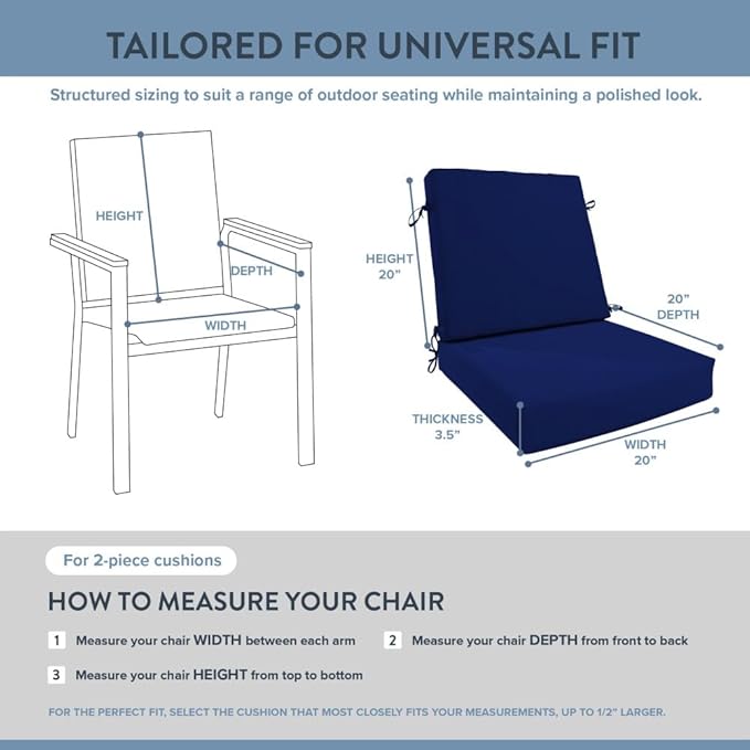 California Umbrella Outdoor Dining Chair, Set of 2 Patio Seat Cushions, 20 x 40 Inch, Premium Outdoor Memory Foam, Fade Resistant, Sunbrella Fabric, Fabric Ties, True Blue