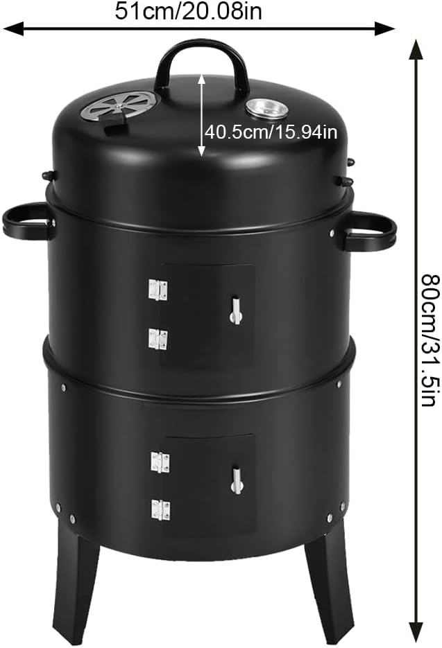 Vertical Charcoal Smoker with Built-in Thermometer BBQ Smoker Grill 2 Access Doors Round BBQ Grill for Parties Camping Outdoor Cooking