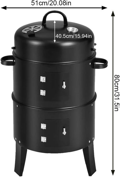 Vertical Charcoal Smoker with Built-in Thermometer BBQ Smoker Grill 2 Access Doors Round BBQ Grill for Parties Camping Outdoor Cooking