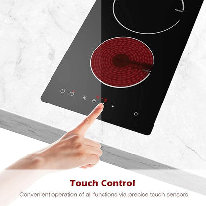 Electric Cooktop 2 Burners 220V~240V, Built-in 12 Inch Ceramic Burners, Double Glass Stove Top, Apartment Size Electric Radiant Cooktop with Hard Wire,3000W,No Plug
