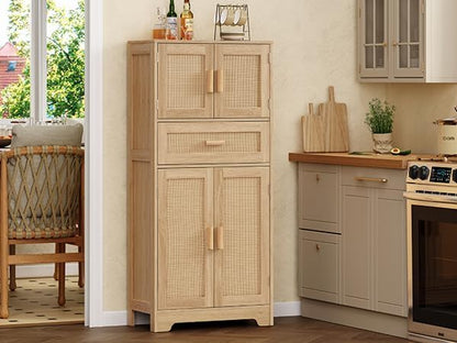 47.2" H Tall Storage Cabinet with Adjustable Shelf, Rattan Cabinet, Cupboard for Living Room, Dining Room, Entryway, Home Office, Natural