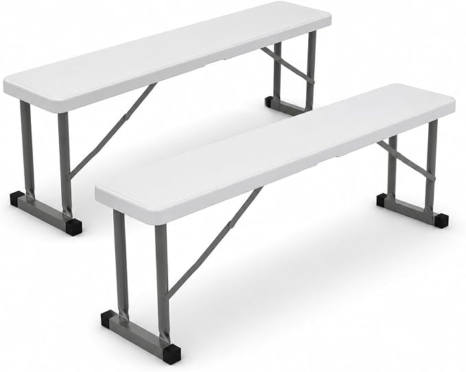 2.75ft Plastic Folding Bench – Lightweight and Portable White Resin with Durable Steel Frame, 33”x8”x16” - (Pack of 2, White, 2.75 Feet)