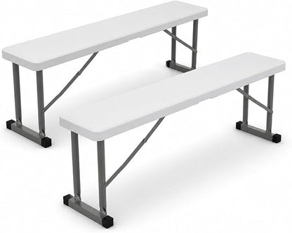 2.75ft Plastic Folding Bench – Lightweight and Portable White Resin with Durable Steel Frame, 33”x8”x16” - (Pack of 2, White, 2.75 Feet)