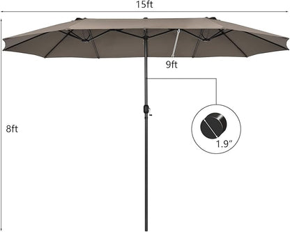 Tangkula 15Ft Double-Sided Patio Umbrella, Outdoor Extra Large Umbrella W/Hand-Crank System & Air Vents, Market Twin Umbrella W/ 12-Rib Sturdy Metal Frame for Poolside, Garden Backyard (Tan)