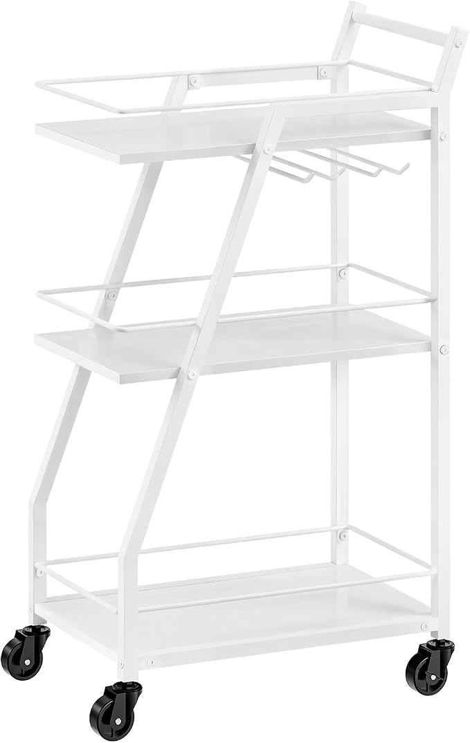 Bar Cart, 3-Tier Home Bar Serving Cart with Wheels, Drink Cart with Glass Holder, Beverage Cart, Rolling Kitchen Cart, for Home, Living Room, White and White BC03WW