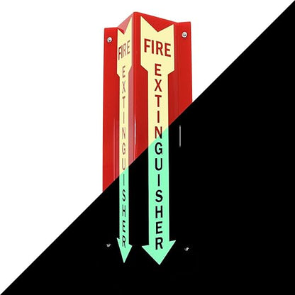 SmartSign "Fire Extinguisher" Two-Sided V-Shaped Projecting Sign with Down Arrow, 18 x 4 inch, 120 mil Thick Glow-In-The-Dark Polished Acrylic, Photoluminescent