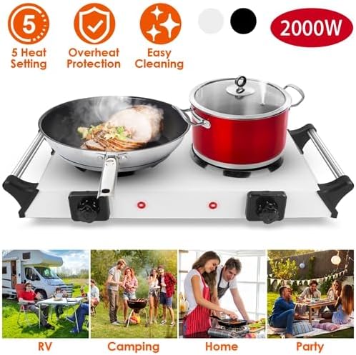 2000W Portable Electric Double Burner Hot Plate, Countertop Coil Heating Stove with 5 Temperature Control & Carry Handles for Home Kitchen RV Camping Use (white)