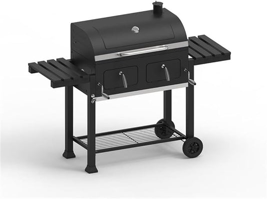 Maklaine Traditional Steel Extra Large Dual Zone Charcoal Grill, 790 Sq In Cooking Space, Porcelain-Coated Cast Iron Grates, Fold-Down Side Tables, Warming Racks, Precision Air Flow Dampers, Outdoor