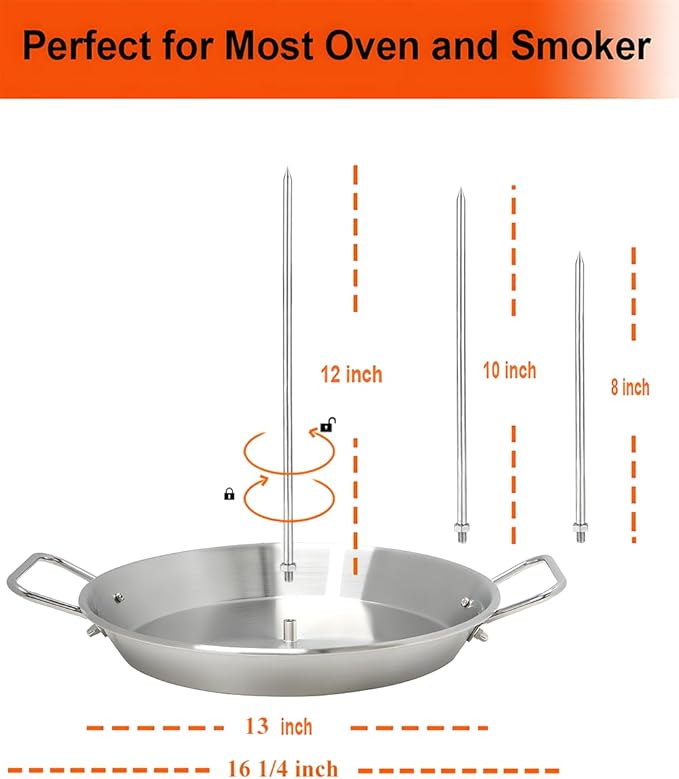 BBQ Vertical Skewer Al Pastor for Grill-Vertical Spit with 13" Base Pan for Tacos Al Pastor, Vertical Rotisserie Shawarma-Grilling Accessory with 3 Spikes (8”,10" and 12”)