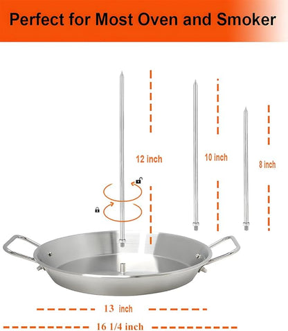 BBQ Vertical Skewer Al Pastor for Grill-Vertical Spit with 13" Base Pan for Tacos Al Pastor, Vertical Rotisserie Shawarma-Grilling Accessory with 3 Spikes (8”,10" and 12”)