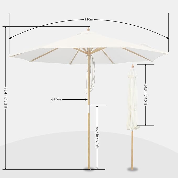9FT/10FT Wood Patio Umbrella, Large Outdoor Table Pool Umbrella | 205G Olefin/180G Polyester Fabric, Push-Pull Operation Market Umbrella, 8 Rib Vented Canopy, Ideal for Patio, Backyard
