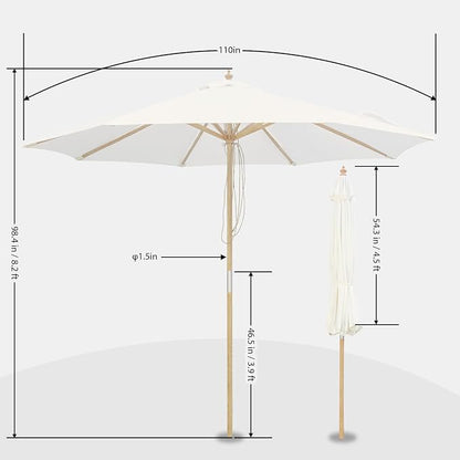 9FT/10FT Wood Patio Umbrella, Large Outdoor Table Pool Umbrella | 205G Olefin/180G Polyester Fabric, Push-Pull Operation Market Umbrella, 8 Rib Vented Canopy, Ideal for Patio, Backyard