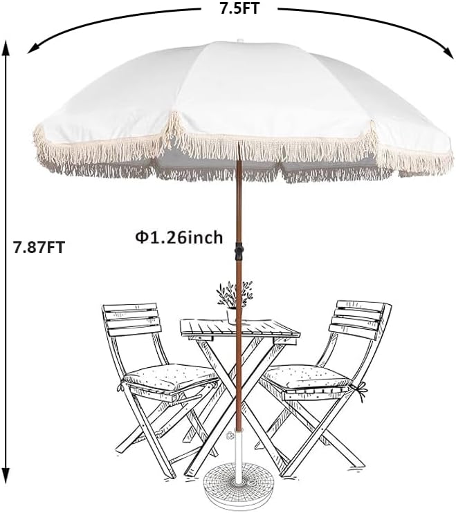 7.5Ft Patio Beach Umbrella with Fringe & Tassel, UPF50+ Push Button Tilt & Crank, Ideal for Garden, Lawn, Deck, Yard & Pool