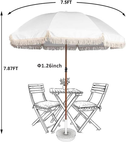 7.5Ft Patio Beach Umbrella with Fringe & Tassel, UPF50+ Push Button Tilt & Crank, Ideal for Garden, Lawn, Deck, Yard & Pool