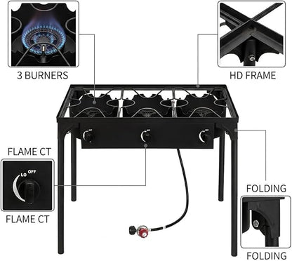 3-Burner Outdoor Cooker, 225,000 BTU High Pressure Cast Iron Burner for Camping and Backyard, Detachable Legs, Adjustabl