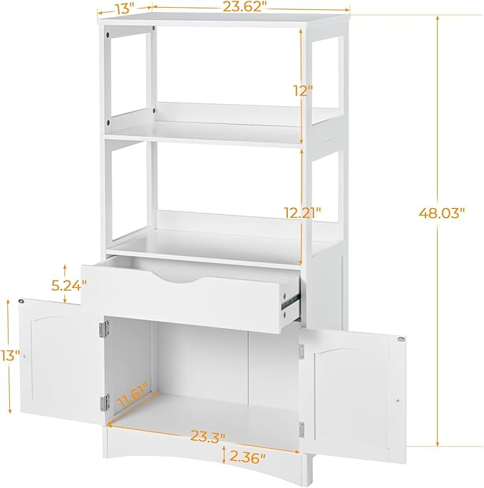 DICTAC Kitchen Pantry Storage Cabinets with Shelves,Drawer and Doors,Microwave Cart with Storage,Freestanding Floor Sideboard Cabinet with Microwave Space,Bookshelf,Display Unit for Home,White