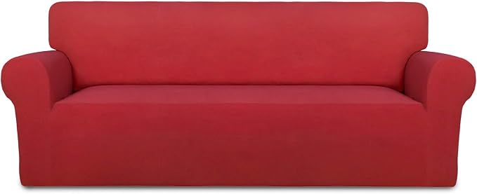 PureFit Stretch Oversized Couch Covers Fleece Sofa Slipcovers Red | 1-Piece Sofa Cover Washable Soft Couch Protector, Couch Slipcover with Non Skid Foam and Elastic Bottom for Kids, Dogs