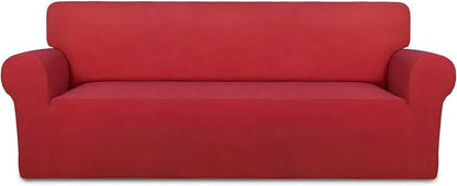 PureFit Stretch Oversized Couch Covers Fleece Sofa Slipcovers Red | 1-Piece Sofa Cover Washable Soft Couch Protector, Couch Slipcover with Non Skid Foam and Elastic Bottom for Kids, Dogs