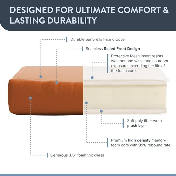 California Umbrella Outdoor Dining Chair, Set of 2 Patio Seat Cushions, 20 x 40 Inch, Premium Outdoor Memory Foam, Fade Resistant, Sunbrella Fabric, Fabric Ties, Tuscan