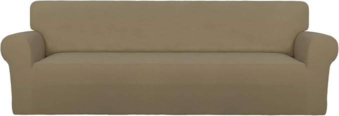 PureFit Stretch Couch Covers for Sofa 4 Seater Slipcovers Tan | 1-Piece Sofa Cover Washable Soft Couch protector, Couch Slipcover with Non Skid Foam and Elastic Bottom for Kids, Dogs