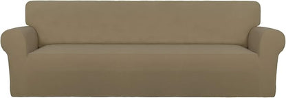 PureFit Stretch Couch Covers for Sofa 4 Seater Slipcovers Tan | 1-Piece Sofa Cover Washable Soft Couch protector, Couch Slipcover with Non Skid Foam and Elastic Bottom for Kids, Dogs