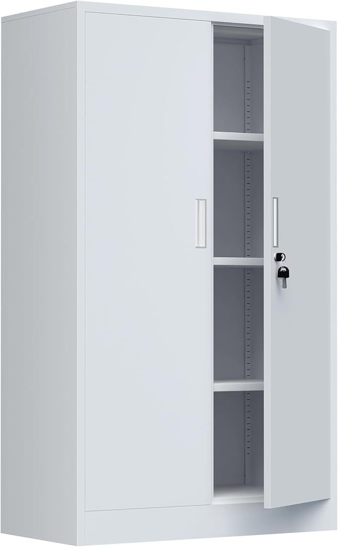 iJINGUR Metal Storage Cabinet with Locking Doors and Adjustable Shelves, 53.5-Inch Tall Lockable Storage Cabinets for Home Office Garage Kitchen Pantry (White)