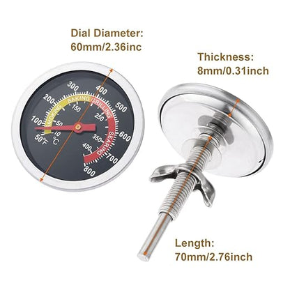 2 3/8" Face 800F Charcoal BBQ Thermometer, Barbecue Temperature Gauge Grill Pit Wood Smoker Outdoor Meat Beef Pork Lamb Cooking Heating Camping Replacement Parts