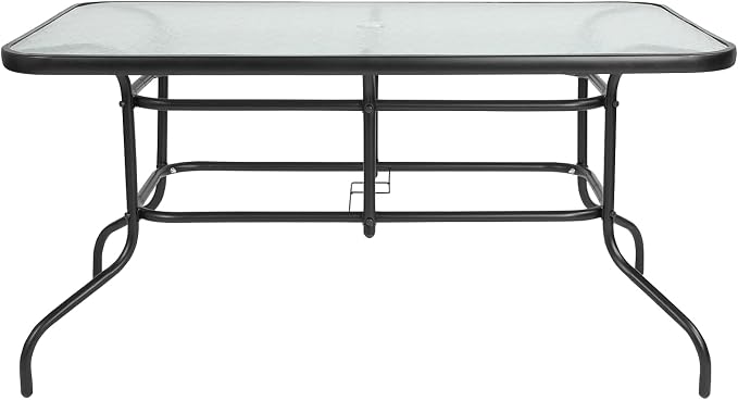 Flash Furniture Lila 5 Piece Patio Dining Set - 55" Tempered Glass Patio Table with Umbrella Hole - 4 Black Metal Aluminum Slat Stack Chairs