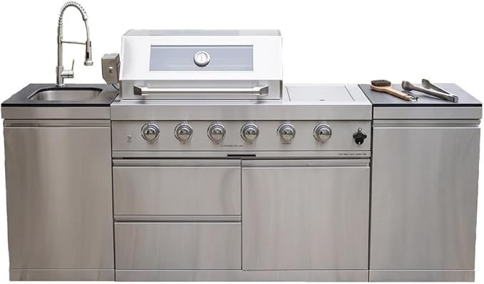 Outdoor Kitchen Island Barbecue Grill with Refrigerator & Rotisserie, Heavy-Duty Stainless Steel Freestanding Grills Station, Weather-Resistant Cooking Cabinet for Backyard & Summer Propane Gas