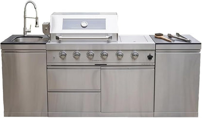 Outdoor Kitchen Island Barbecue Grill with Refrigerator & Rotisserie, Heavy-Duty Stainless Steel Freestanding Grills Station, Weather-Resistant Cooking Cabinet for Backyard & Summer Propane Gas