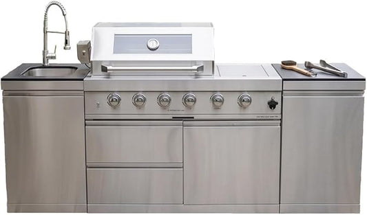 Outdoor Kitchen Island Barbecue Grill with Refrigerator & Rotisserie, Heavy-Duty Stainless Steel Freestanding Grills Station, Weather-Resistant Cooking Cabinet for Backyard & Summer Propane Gas