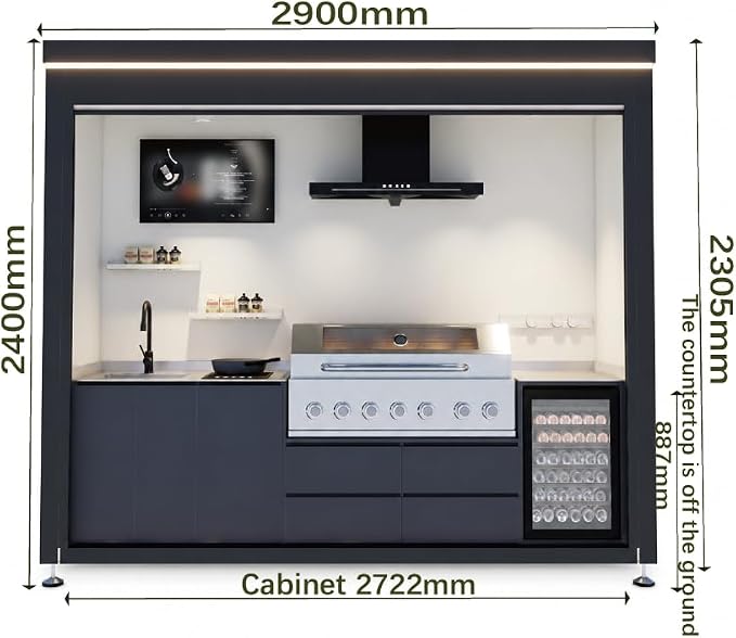 Sunnyjoy Modular Outdoor Kitchen MAX, Premium Aluminum Cabinet System-2 | Max roll-up shade version with grill, sink & storage, durable weather-resistant design, includes roll-up set for protection