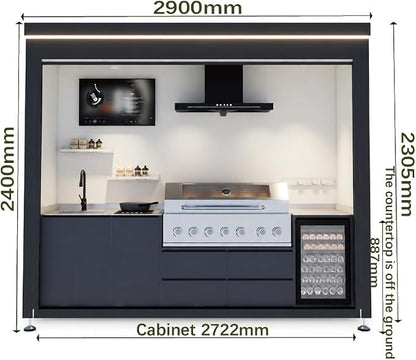 Sunnyjoy Modular Outdoor Kitchen MAX, Premium Aluminum Cabinet System-2 | Max roll-up shade version with grill, sink & storage, durable weather-resistant design, includes roll-up set for protection