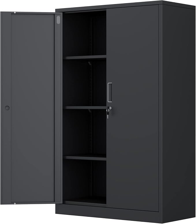 Metal Storage Cabinet with Locking Doors and 3 Adjustable Shelves, 53.5-Inch Tall Lockable Steel Storage Cabinets for Home Office Garage Pantry (Black)